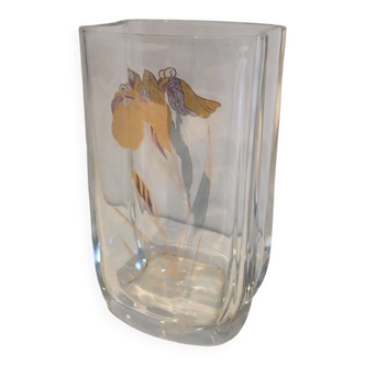 Glass vase with a decoration of a golden flower, around 1970.