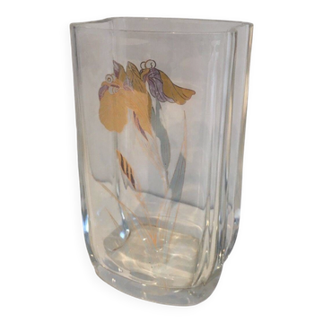 Vase en verre à décor d'une fleur dorée, vers 1970