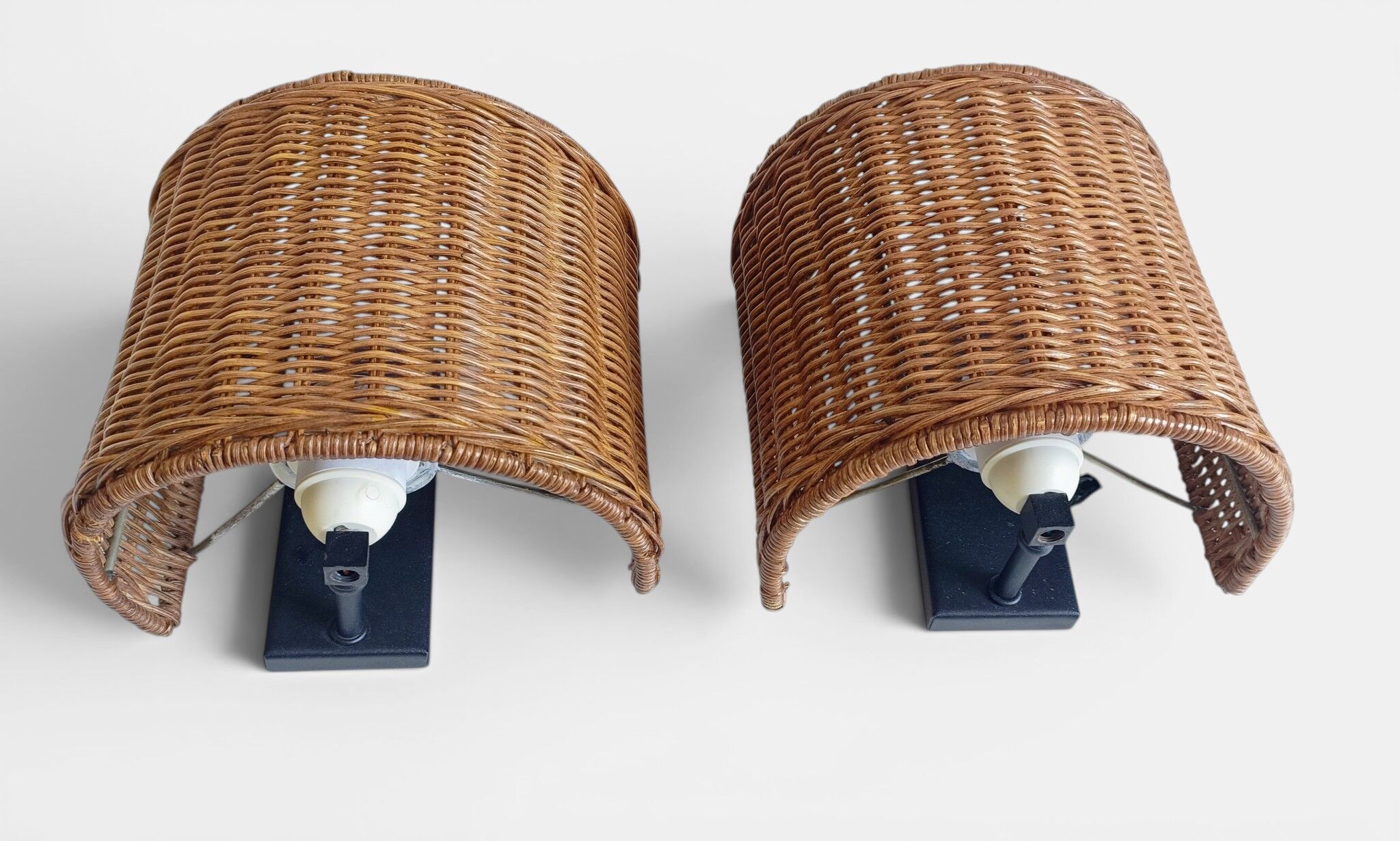 Spanish Mid-Century Wicker And Wrought Iron Wall Sconces, Three Available