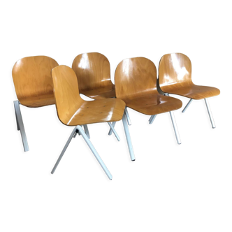 Lot 5 chaises galvanitas empilables bois et métal blanc