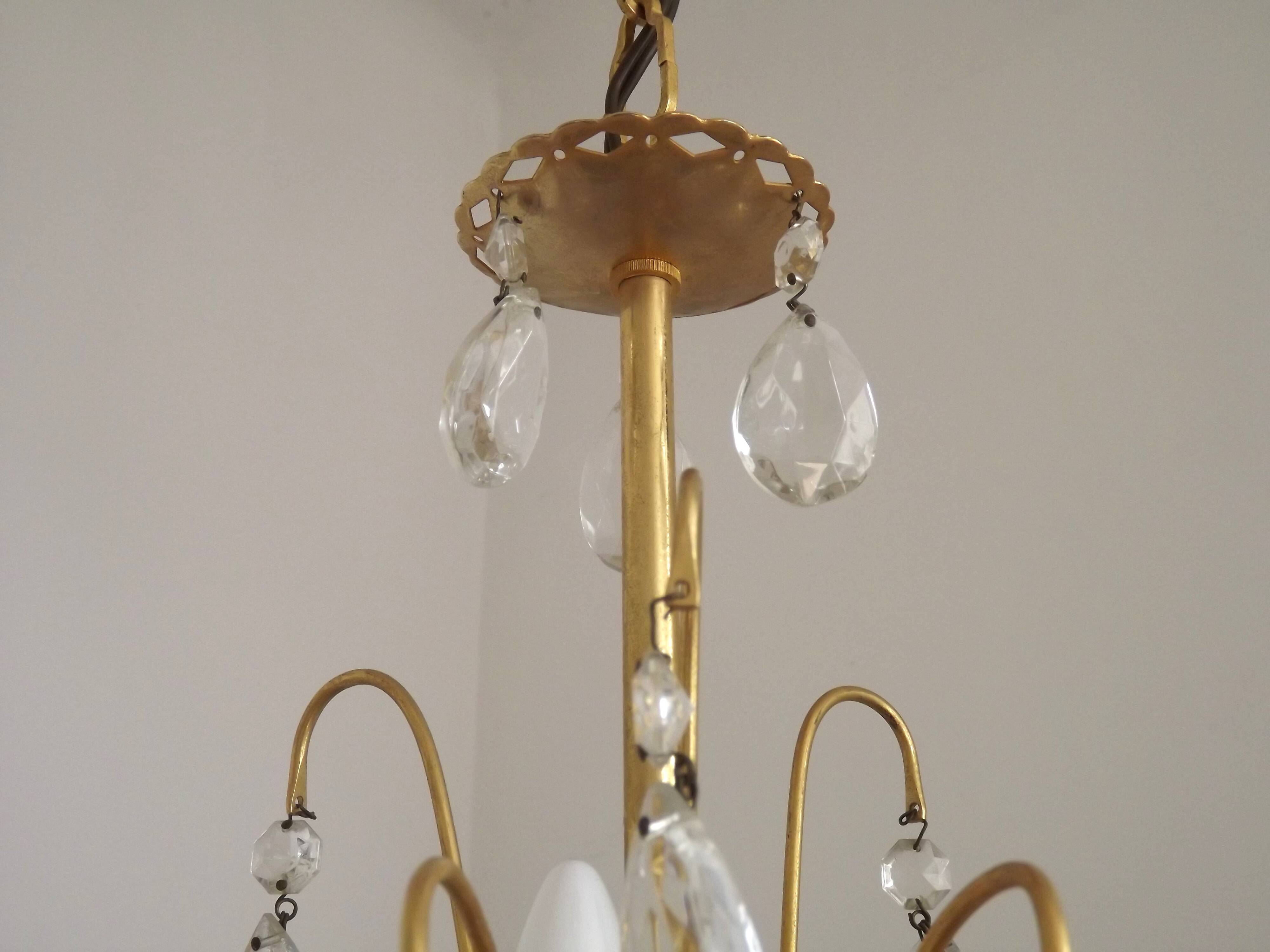 French Vintage Gold Effect Metal-Crystal 3 Light Chandelier Glass Bobeches