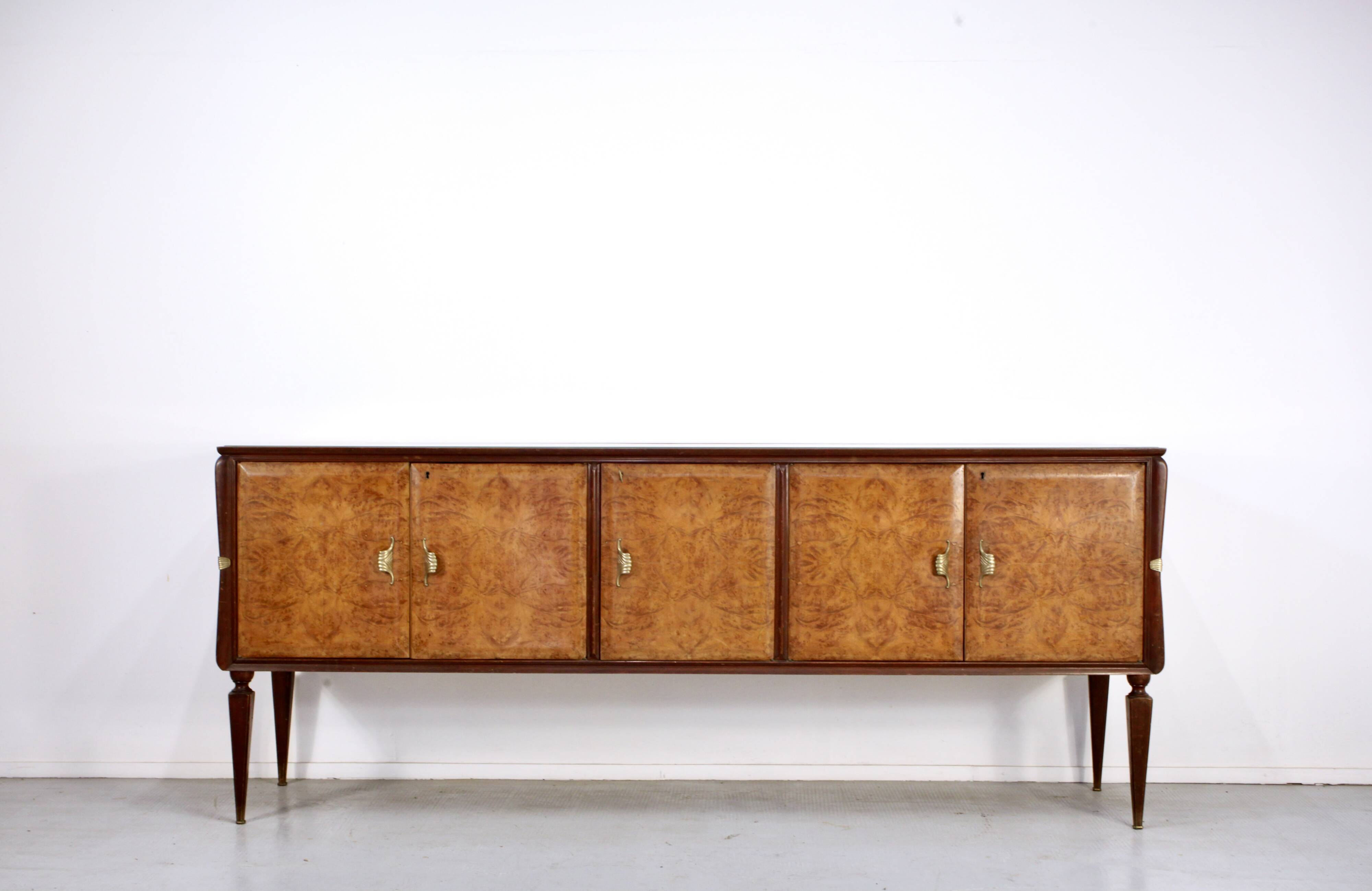 Midcentury Italian Sideboard In Walnut Root And Brass.