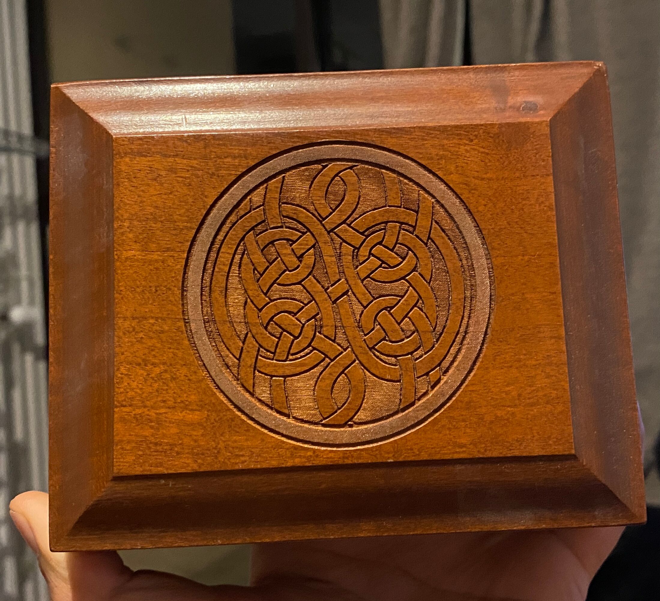 Wooden box carved with Celtic knots – American craftsmanship