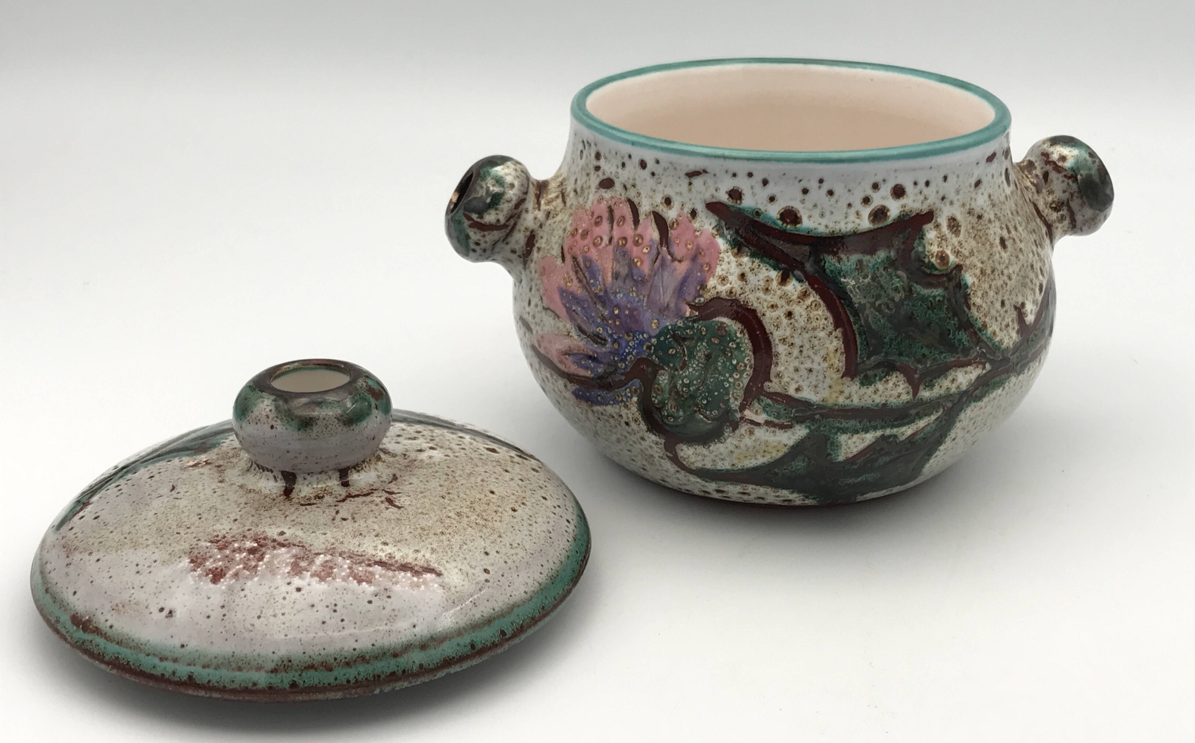 Vintage candy jar in enameled ceramic from Vallauris with thistle decoration