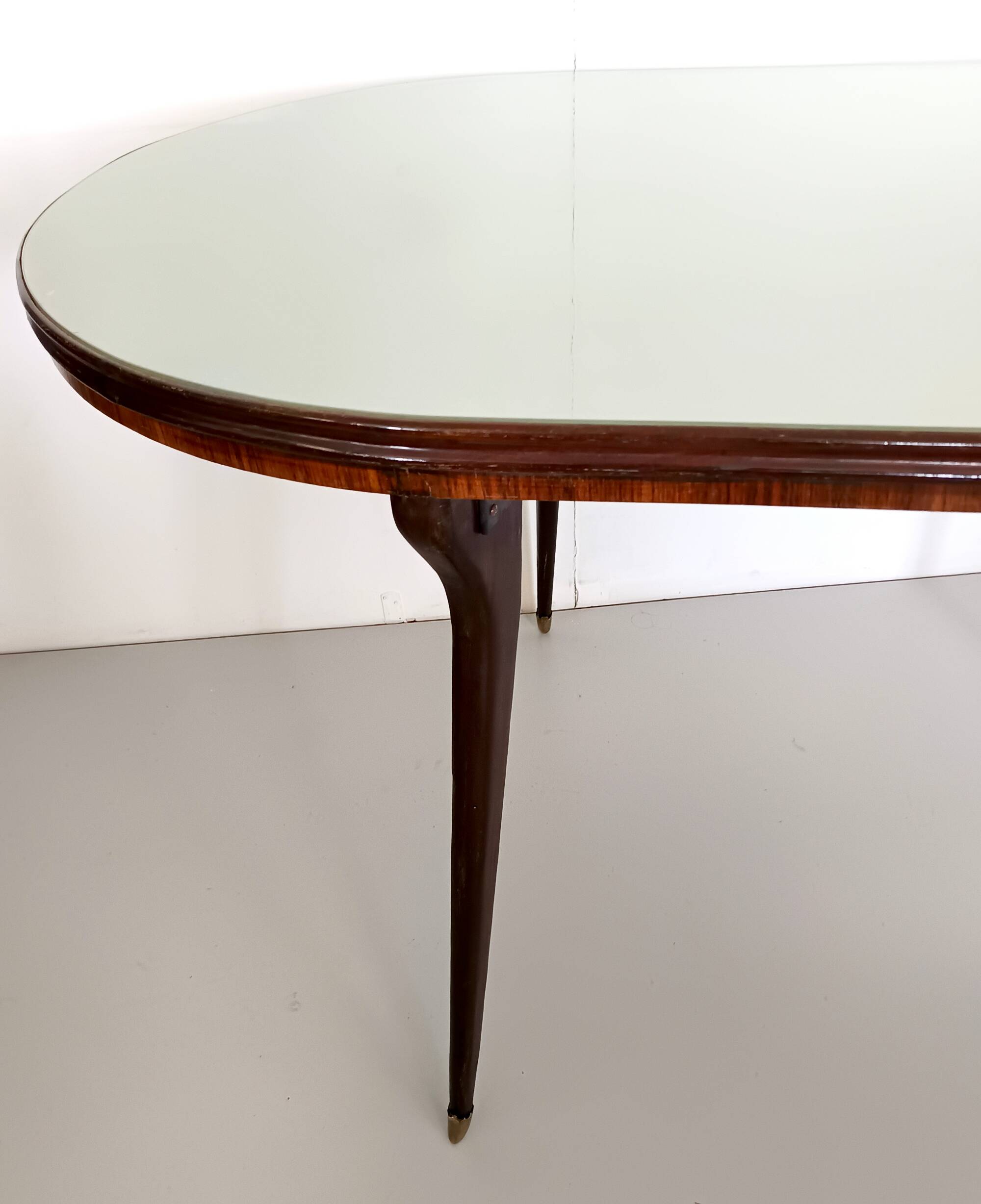 Vintage Beech and Walnut Dining Table with an Oval Gray Glass Top, Italy