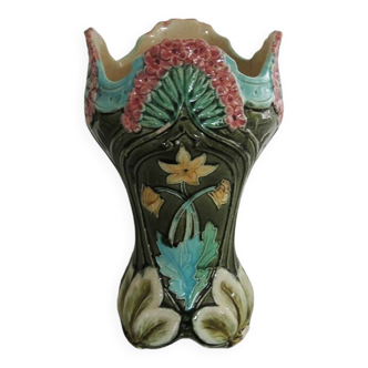 Ancien Vase de Bruyn en Barbotine Verte