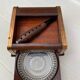 Art Deco wooden and brass cigarette box with curtain + glass ashtray