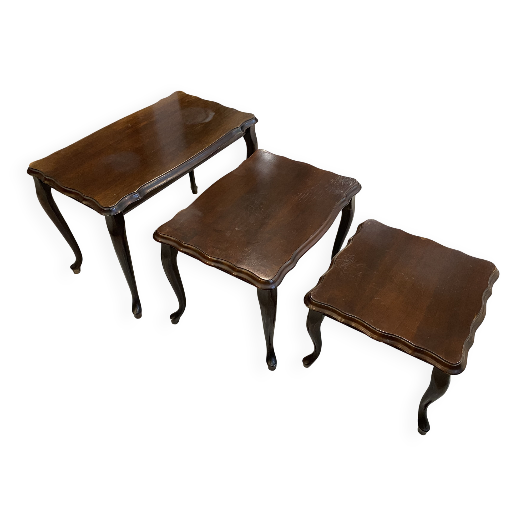 Set of 3 rustic nesting coffee tables in Louis XV style from 1950.
