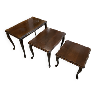 Set of 3 rustic nesting coffee tables in Louis XV style from 1950.