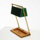 1960s Temde table lamp with a brass frame, teak base, and green lampshade