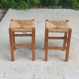 2 square stools in solid wood and straw