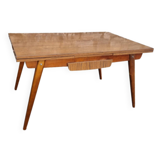 Table salle à manger, formica, pieds compas bois, années 70