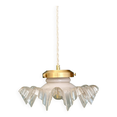 Suspension abat-jour vintage dentelle en verre mi blanc mi transparent