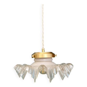 Vintage lace glass pendant lampshade, half white, half transparent
