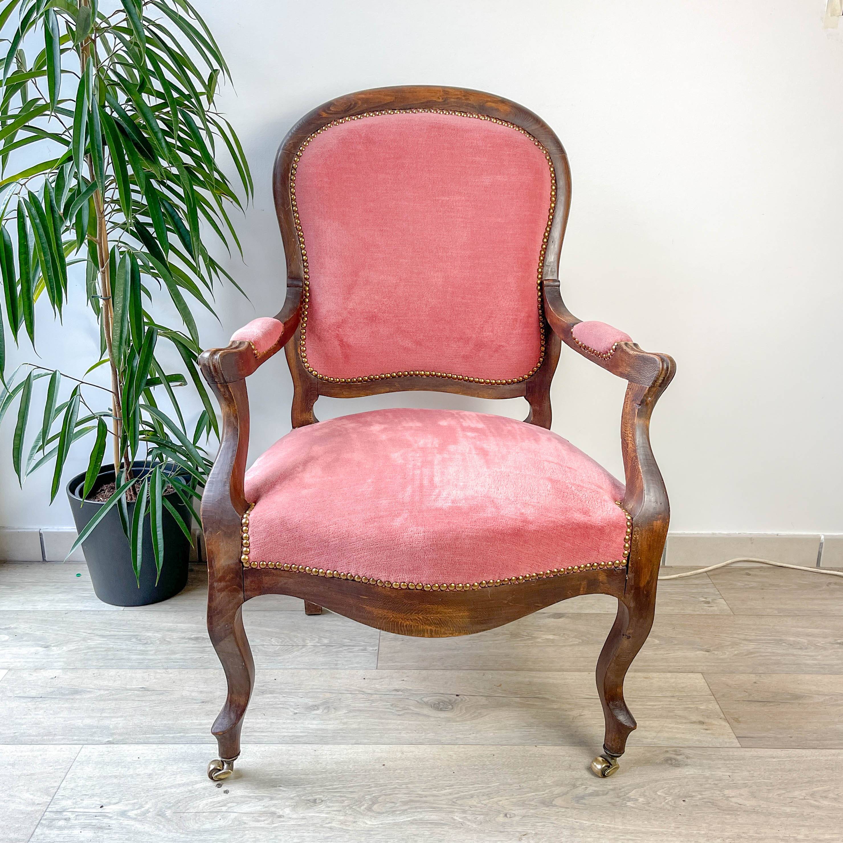 Louis Philippe armchair in pink velvet