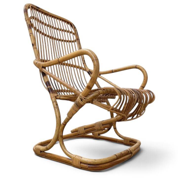 Vintage bamboo rattan armchair Tito Agnoli circa 1960