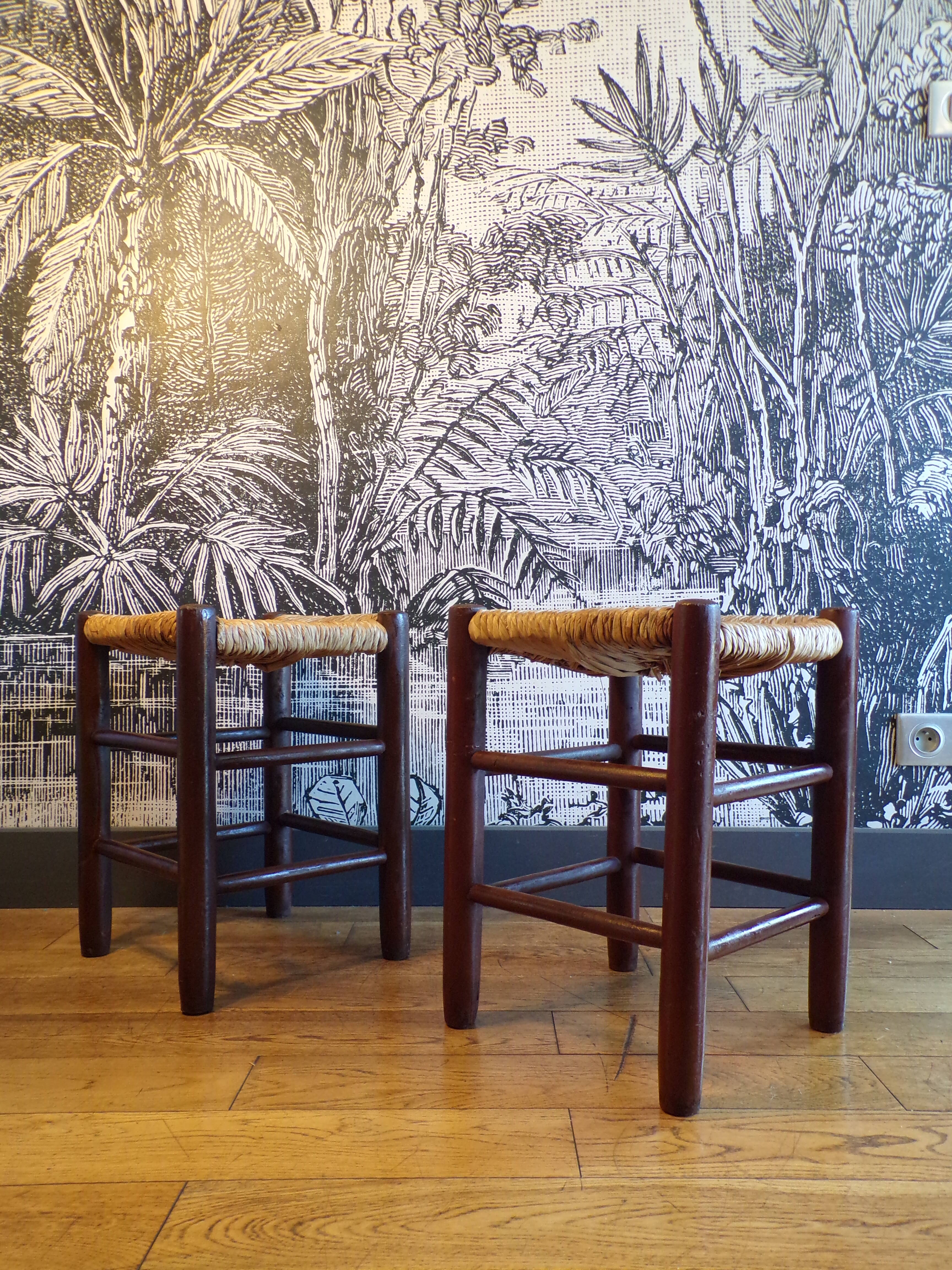 Pair of vintage stools turned wood and straw
