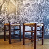Pair of vintage stools turned wood and straw