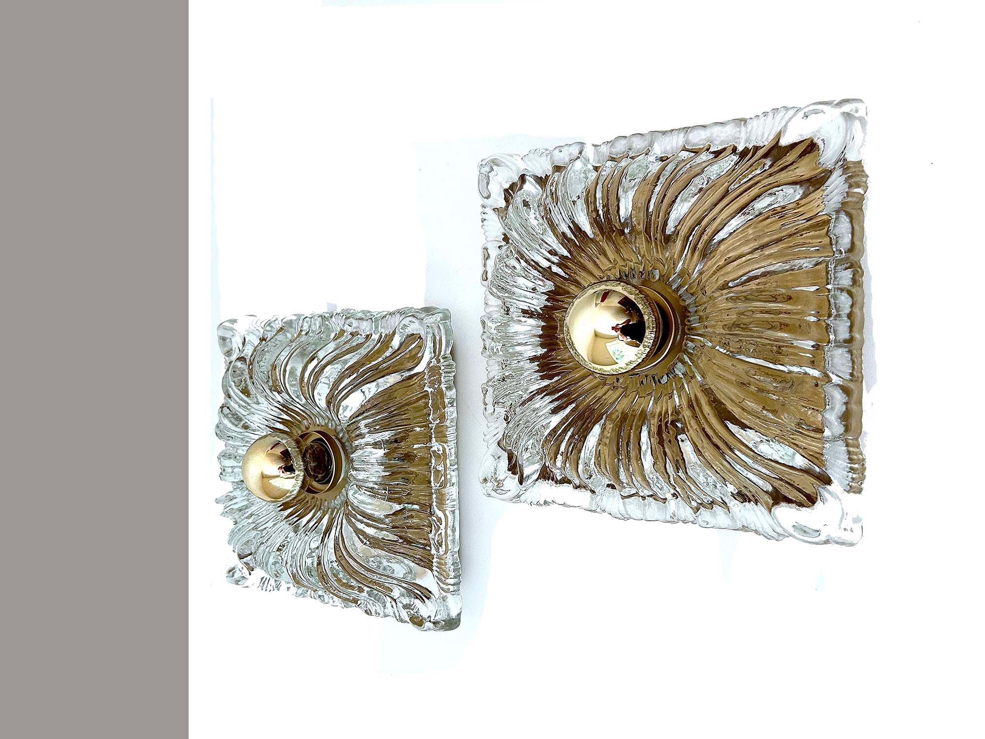 Pair large vintage architectonic wall lamps, 60s, glass