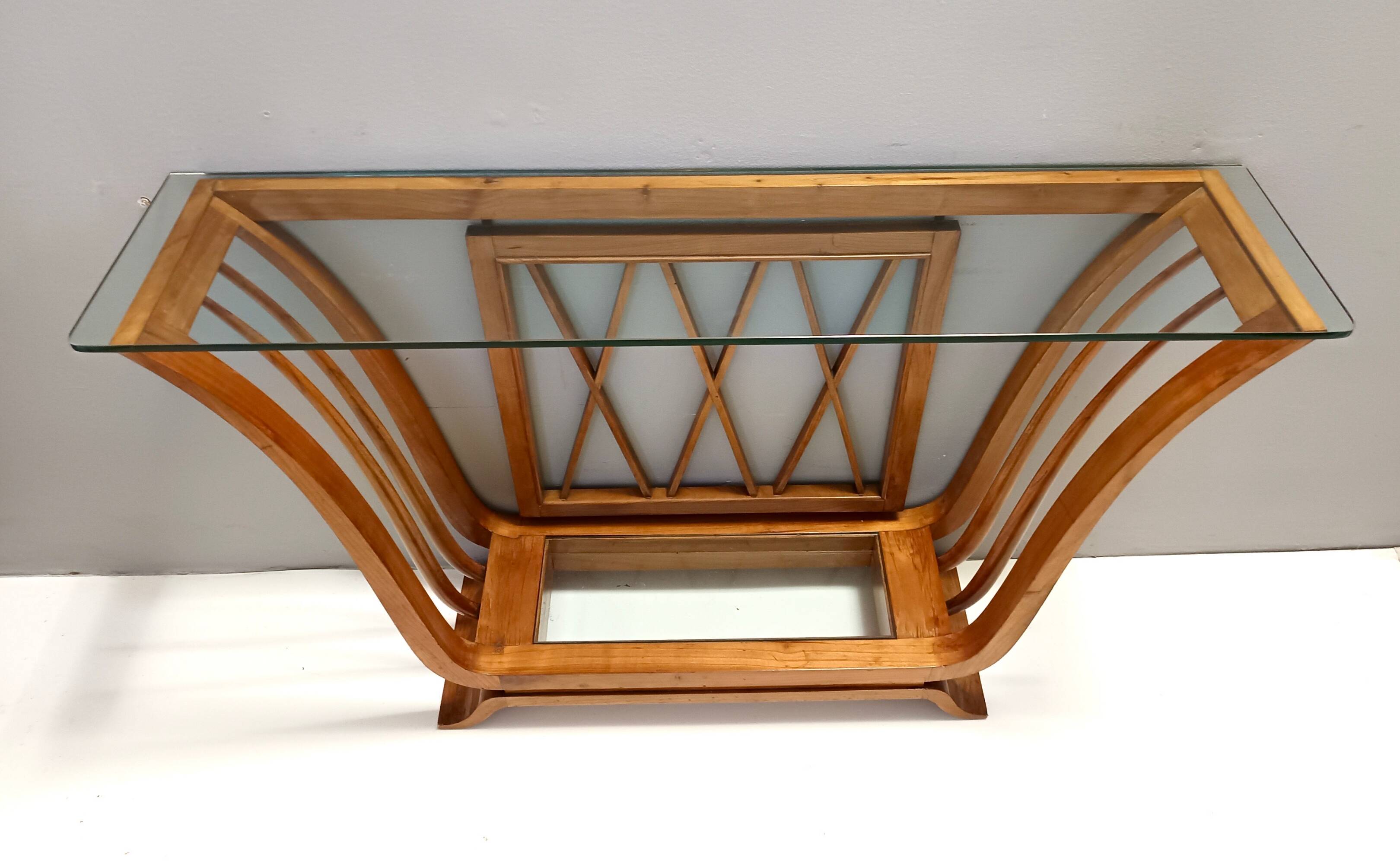 Art Deco Cherrywood Console Table with a Rectangular Glass Top, Italy