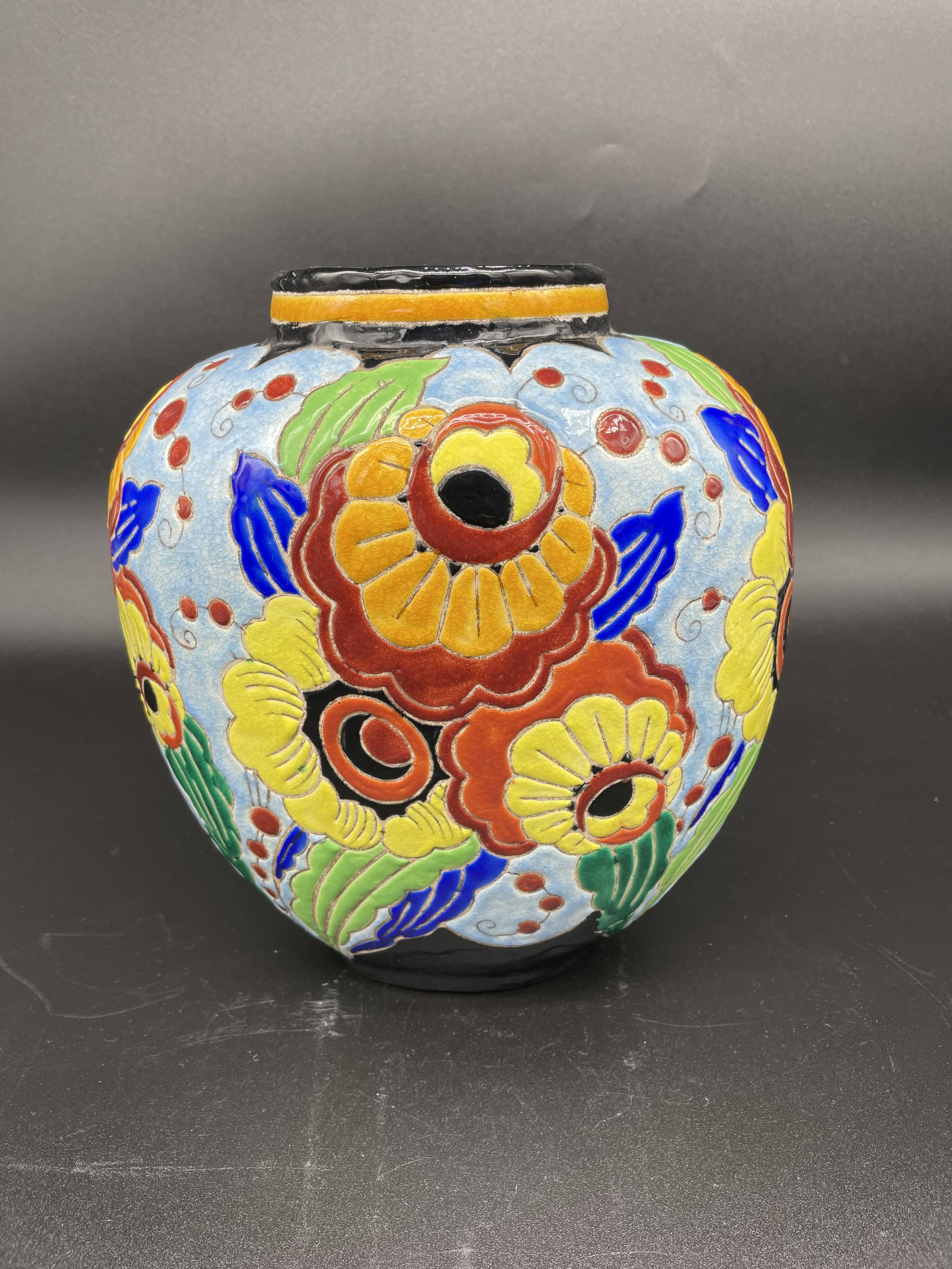 Ovoid vase, charles catteau, keramis, art deco period, fine earthenware, floral enamel decoration, vase col