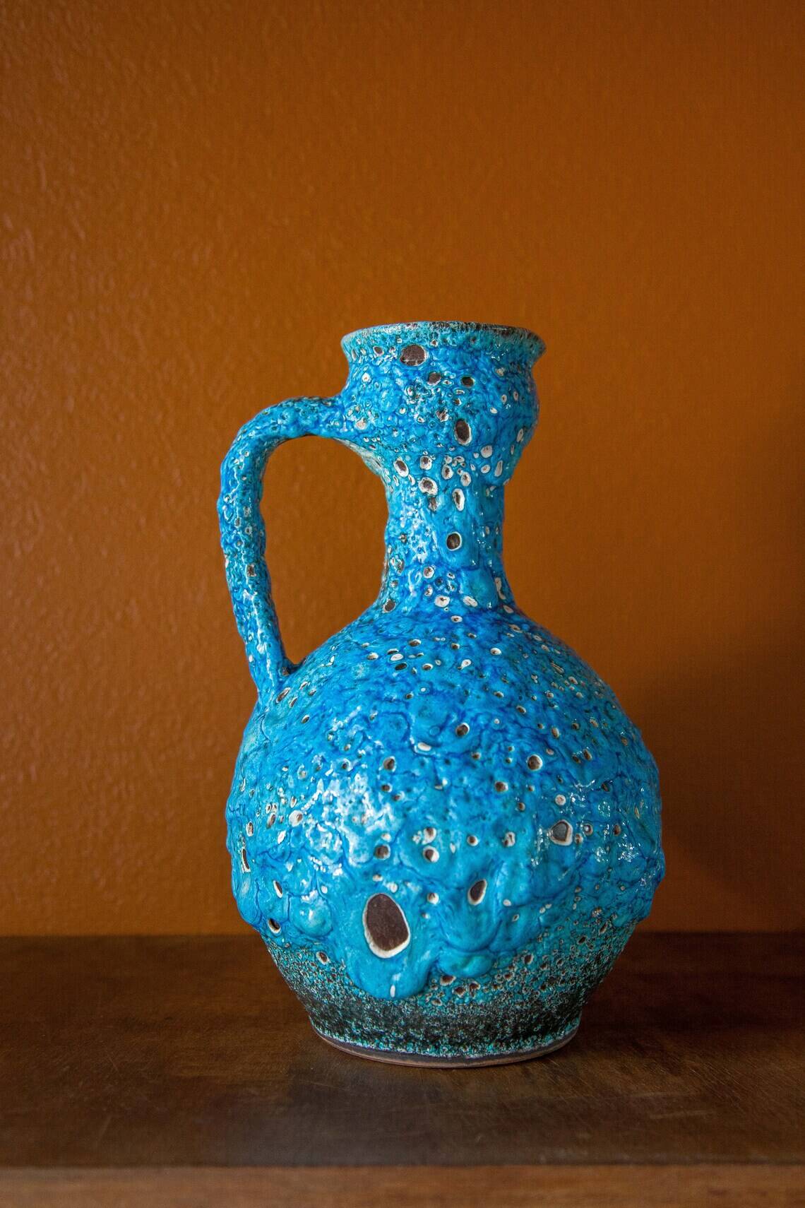 Fat Lava turquoise ceramic vase, ceramic pitcher, sea foam, blue crater vase, turquoise emaux