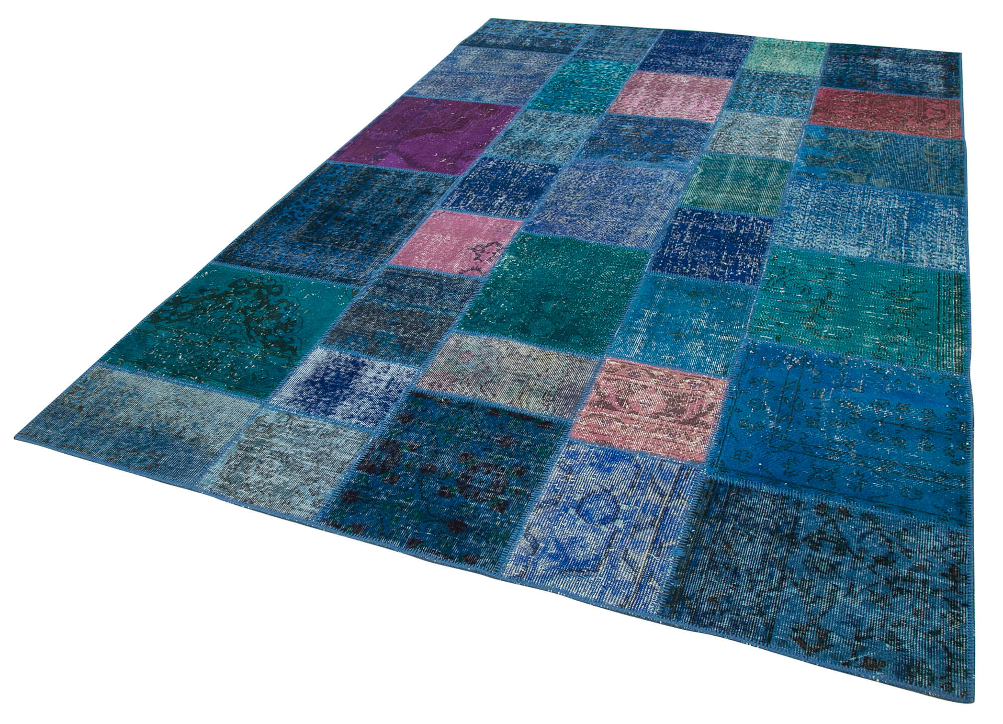 Handwoven anatolian contemporary 204 cm x 300 cm blue patchwork carpet