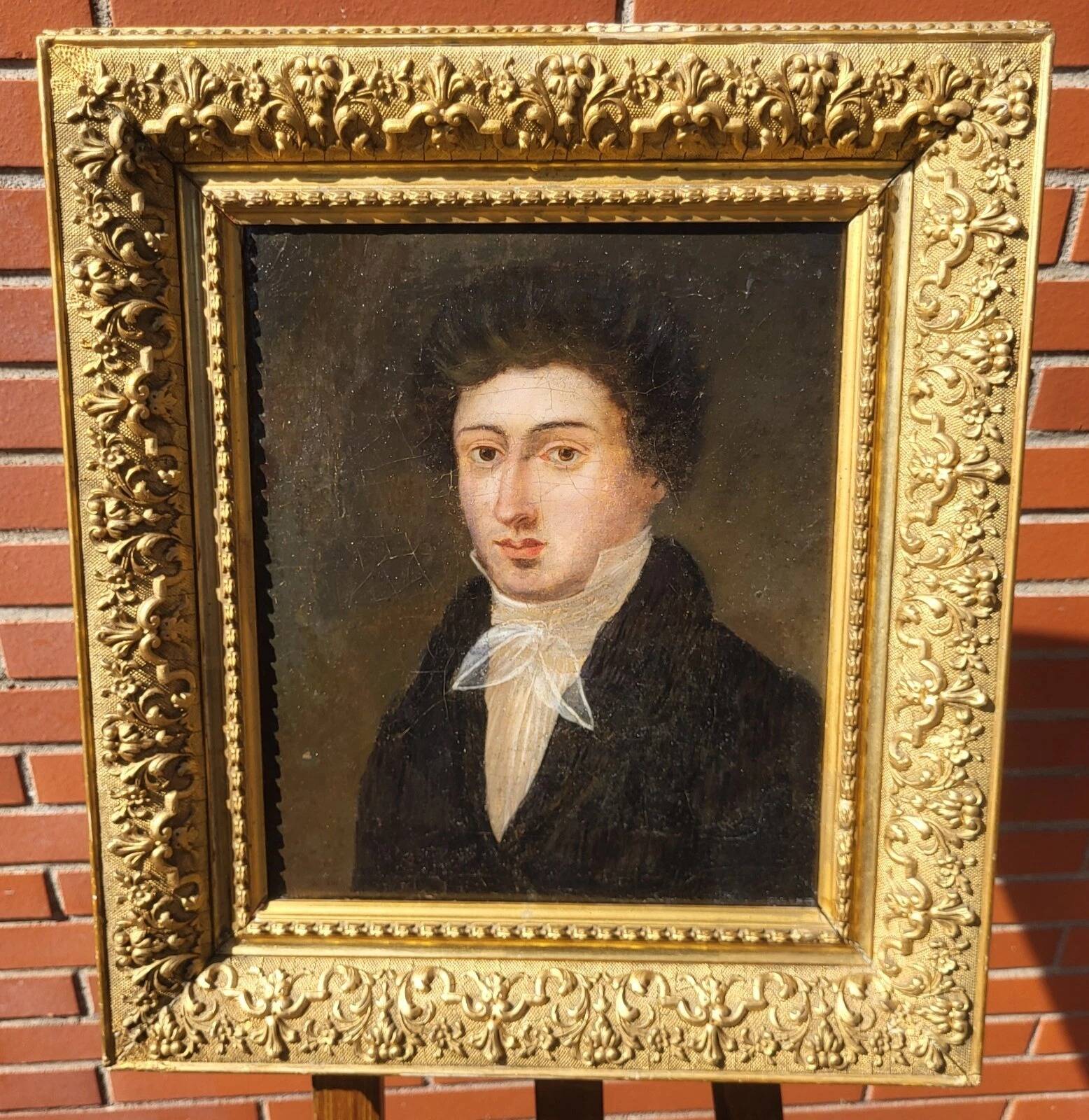 19th C. Portrait Painting Young Man Gentleman Antique