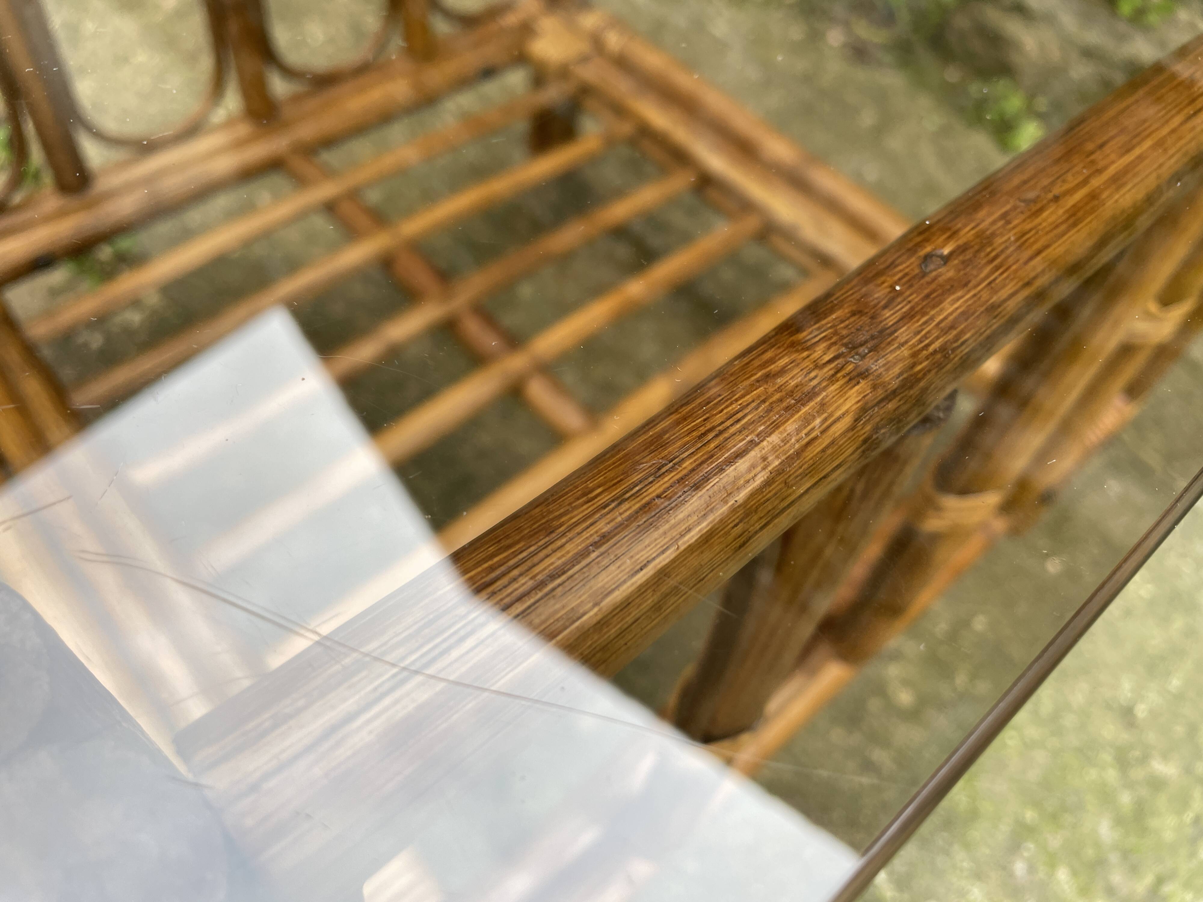 Square coffee table in smoked glass and bamboo, 1970.