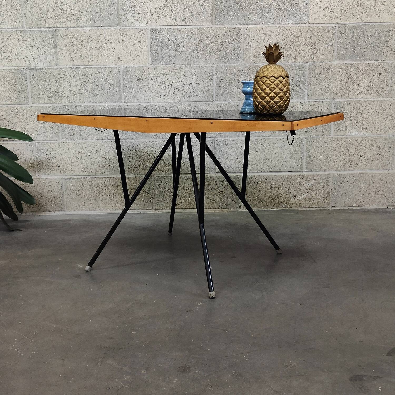 Metal and wood table, black Opaxit top, Czech Republic 1960