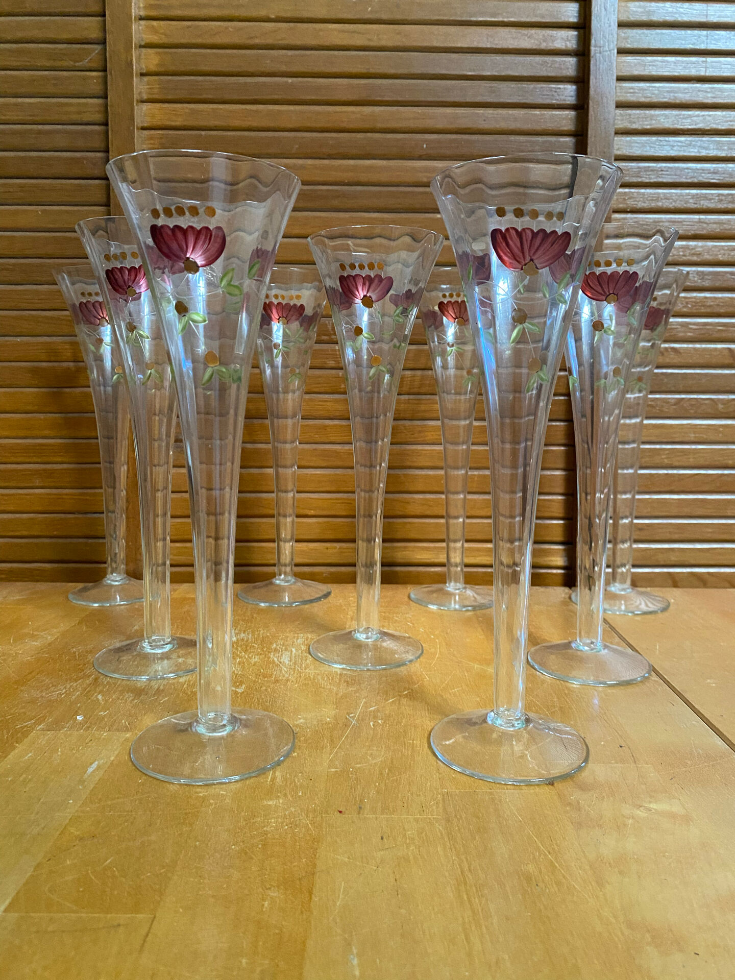 Series 9 Champagne Flutes Fine Glass Hand-Painted Floral Decor Vintage #E3