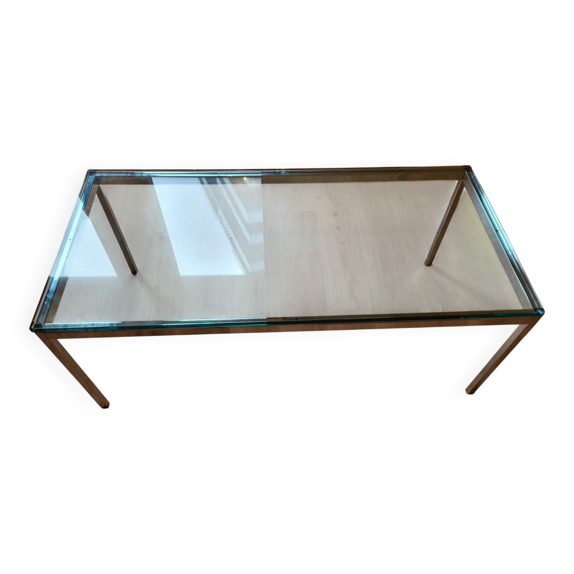 Knoll coffee table with smoked glass top and chrome metal.