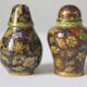 Salt shaker and pepper shaker in brass and vintage cloisonné enamel