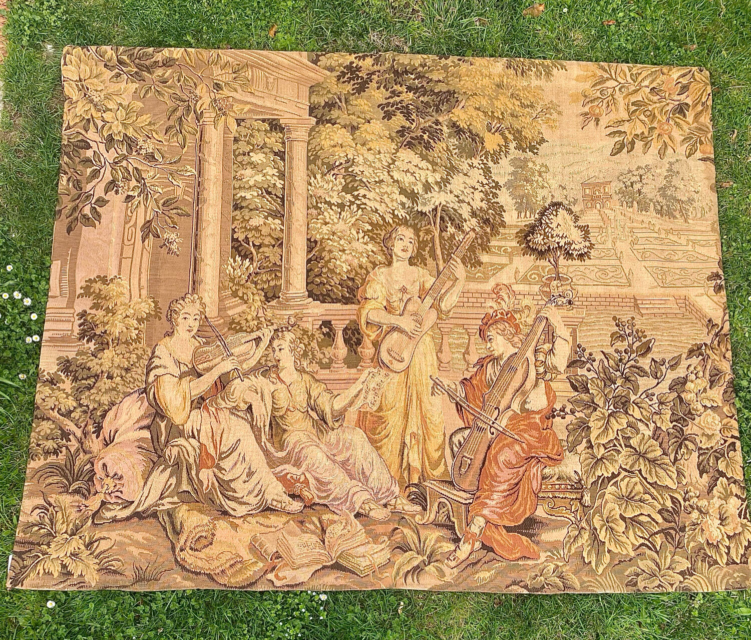 Large Aubusson-style wall tapestry with a musical scene.
