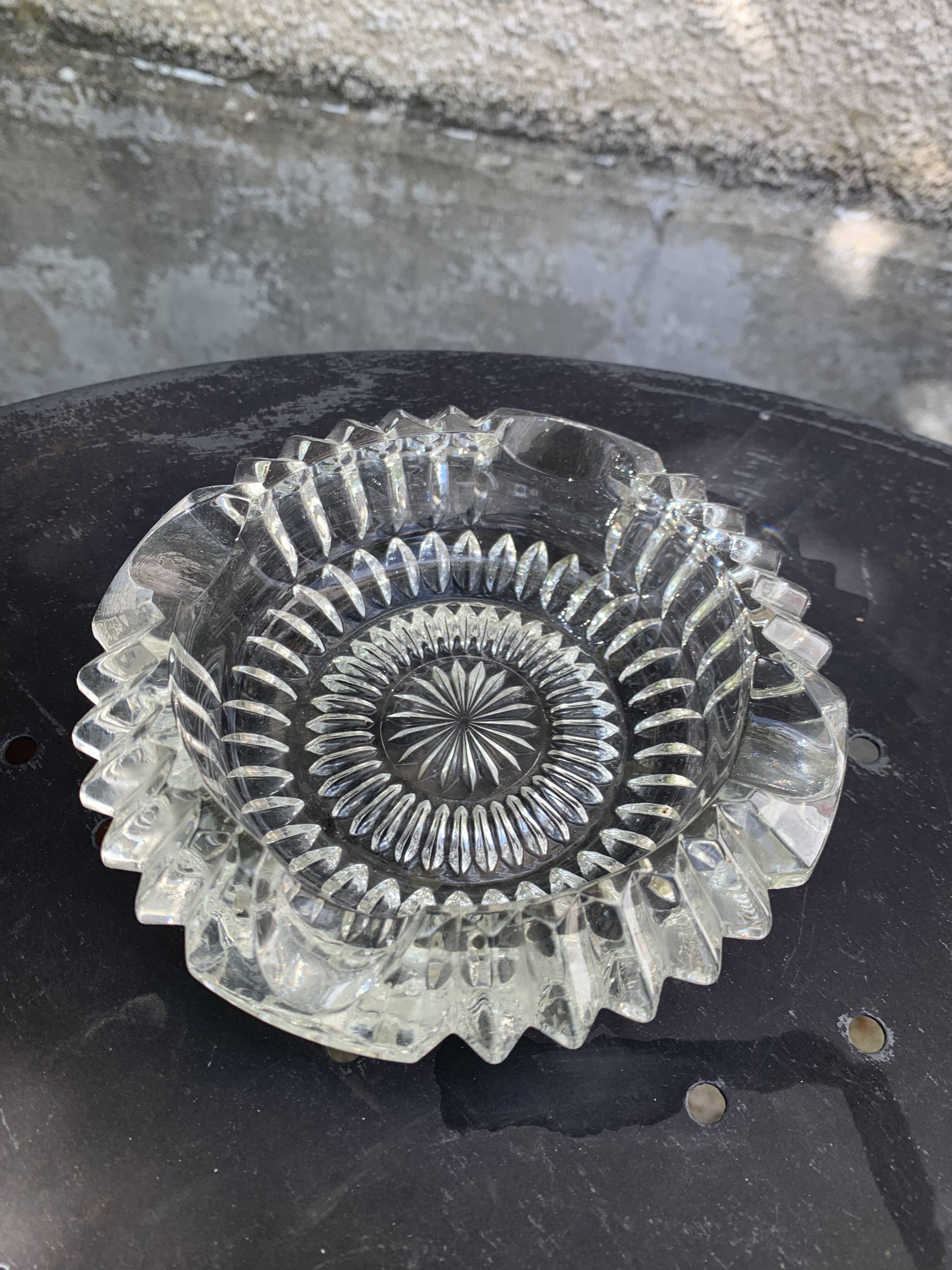 Set of two elegant vintage transparent glass and crystal ashtrays