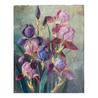 Tableau de fleurs HST "Bouquet d'Iris du jardin" vers 1900