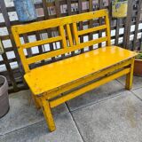 Banc d'écolier en bois jaune, années 60