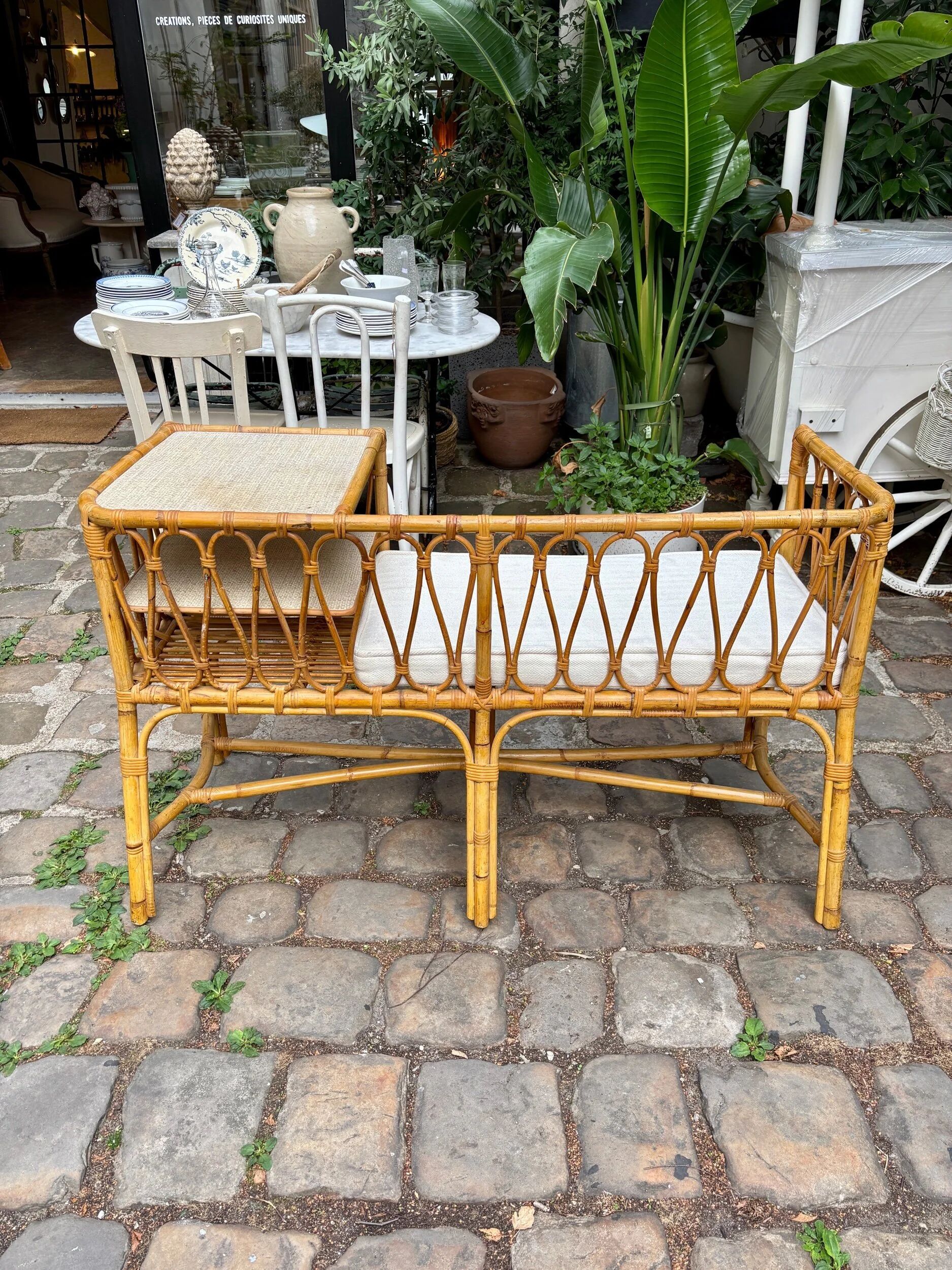 1960s beige rattan and cotton bench