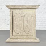 Travertine and Brass Marquetry Console Table and Mirror, 1970s, Set of 2