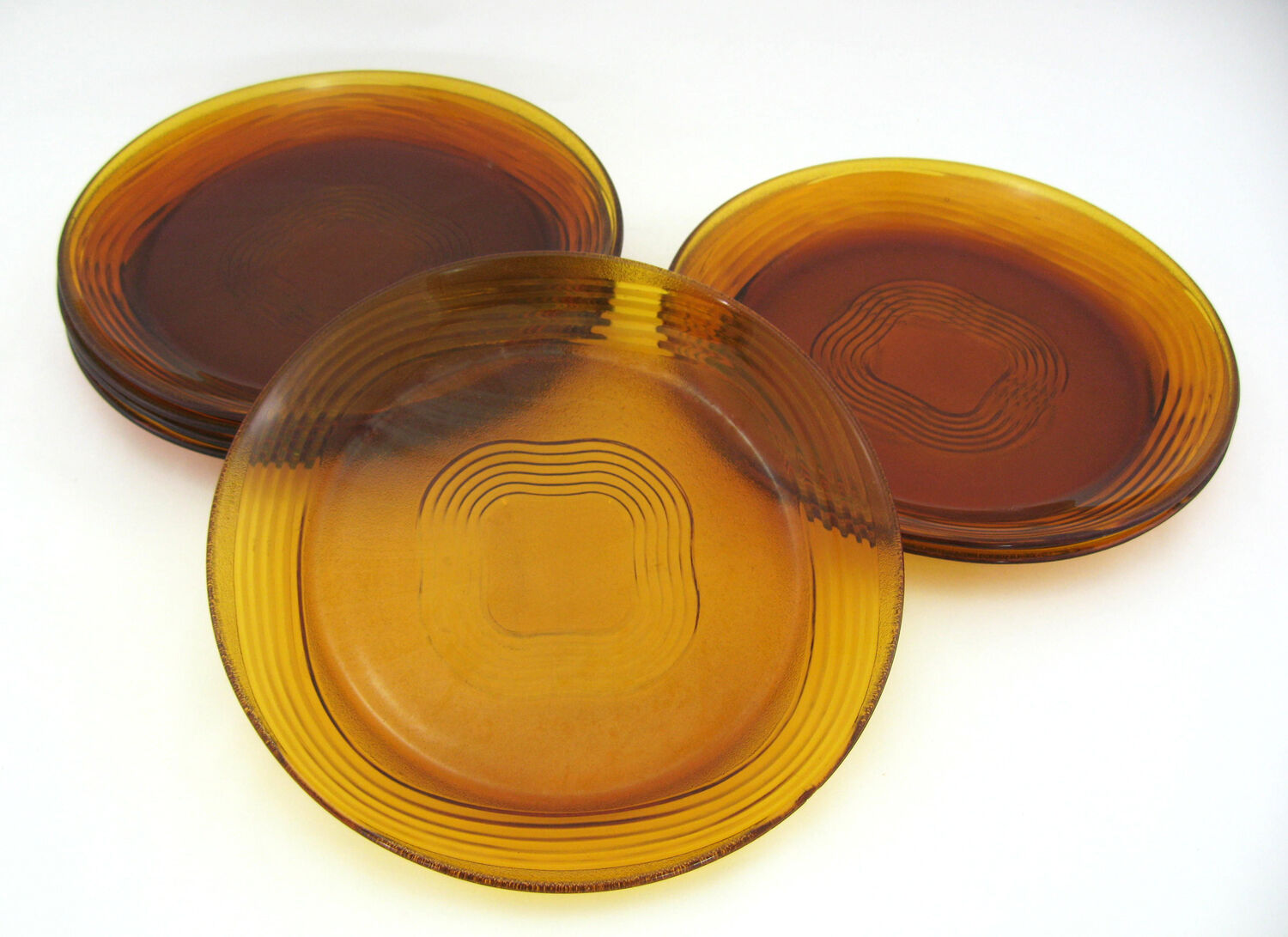 7 flat plates in amber yellow glass - Ondine Duralex France - vintage 70s