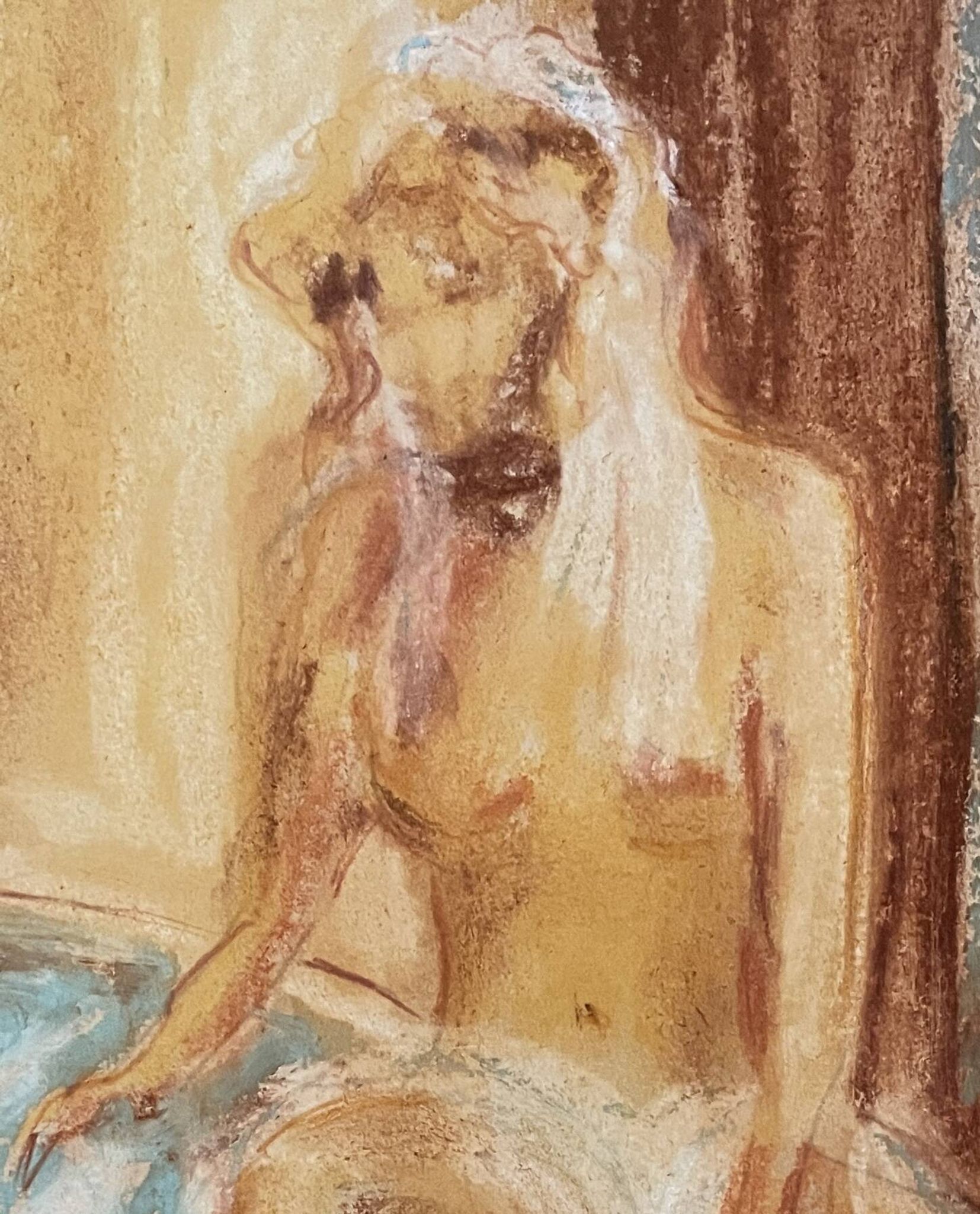 Tableau signé pastel  portrait féminin « le bain »
