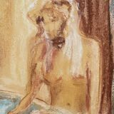 Tableau signé pastel  portrait féminin « le bain »