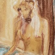 Tableau signé pastel  portrait féminin « le bain »