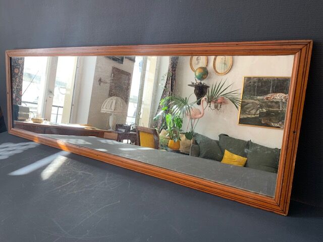 Large rectangular antique wall mirror in vintage wood, 1930