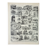 Gravure ancienne 1898, Habitation ancienne 1, architecture • Lithographie originale et vintage
