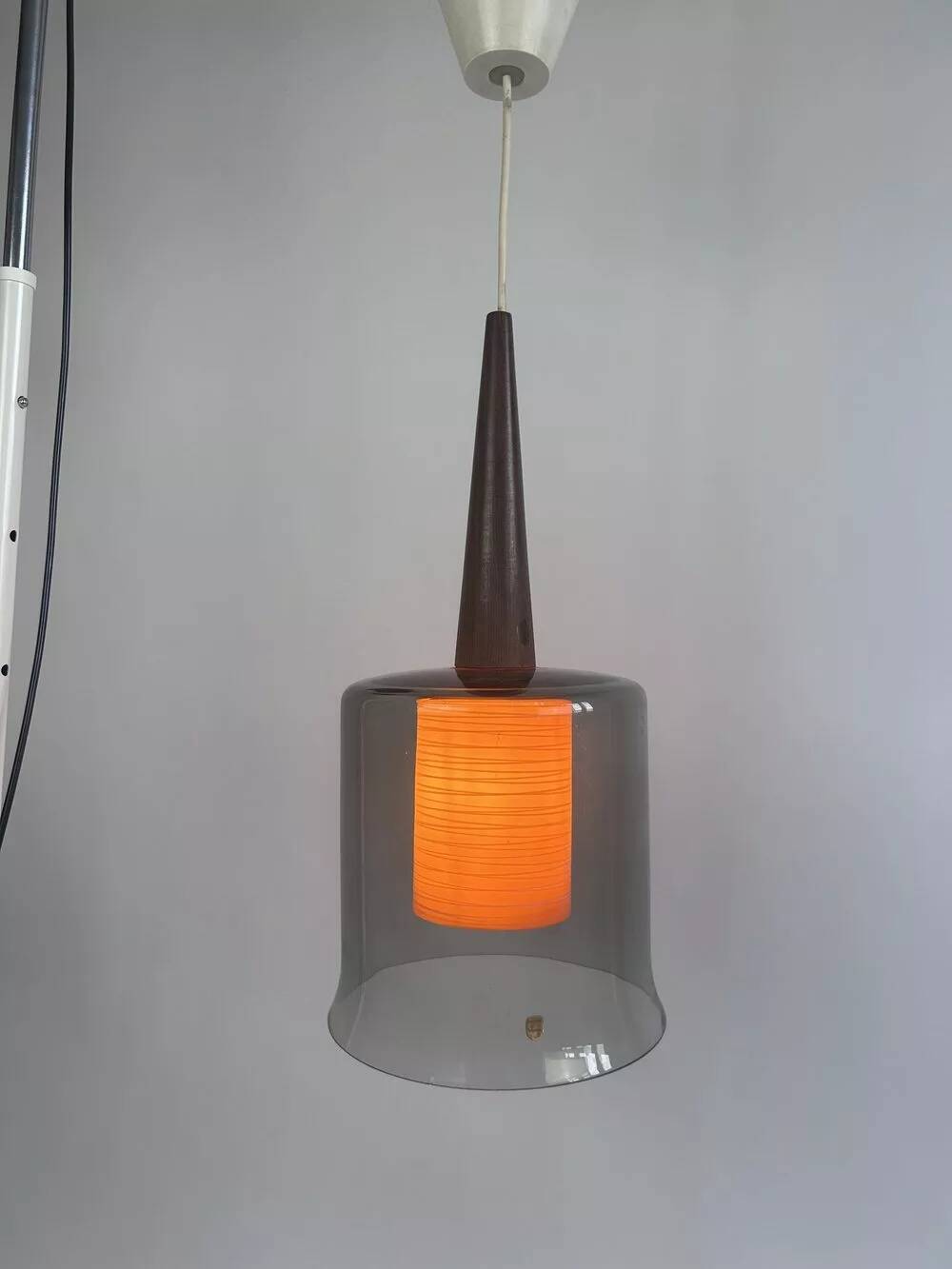 Vintage Philips pendant light, orange & smoked glass – wood, Sweden