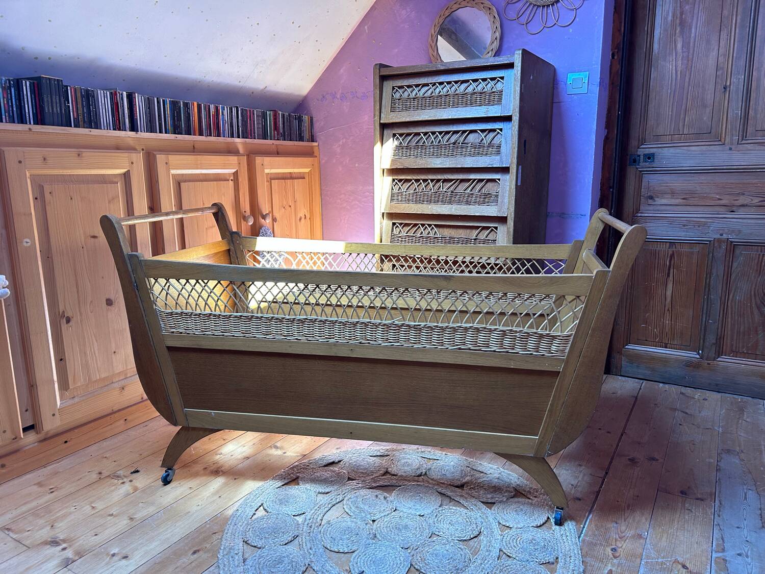 Wooden and rattan children's bed from the 60s