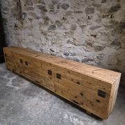 Old French industrial workshop furniture in pine / storage bench, circa 1880–1900