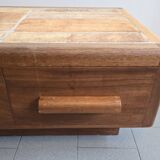 Vintage 1970 coffee table in solid oak & ceramic