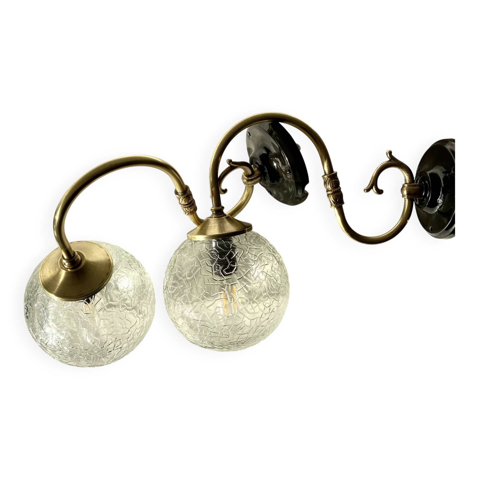 Large pair of brass swan neck wall lights with cracked glass globes LAMP-7359